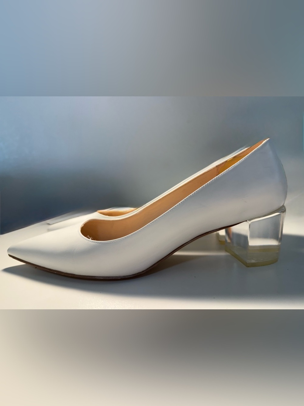 Authentic Stuart Weitzman 50mm Carole White Lucite Block Heel Pointed Toe Pumps